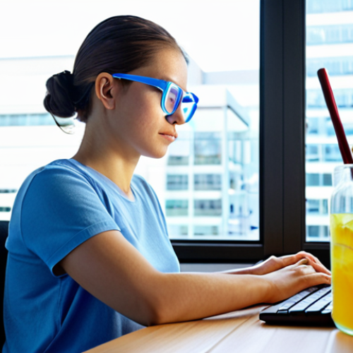 **Prompt:** A person working at a computer, wearing blue light glasses, with a post-it note on the screen reminding them to take breaks. The background shows a bright window and a glass of fruit-infused water on the desk. Focus on a healthy and productive work environment.