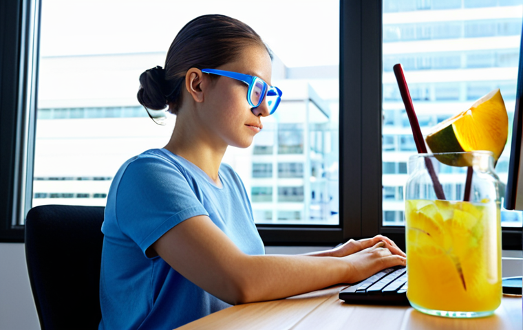 **Prompt:** A person working at a computer, wearing blue light glasses, with a post-it note on the screen reminding them to take breaks. The background shows a bright window and a glass of fruit-infused water on the desk. Focus on a healthy and productive work environment.