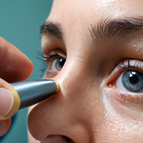 ** Close-up of an ophthalmologist performing an ocular ultrasound on a patient. Focus on the ultrasound probe and gel on the eyelid. Depict a calm and reassuring atmosphere in the examination room.

**