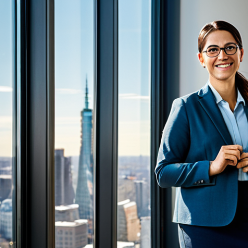 A professional adult, fully clothed in modest business casual attire, standing by a large window in a modern, sunlit office, gazing confidently at a vibrant city skyline. Their face reflects clear vision and serene contentment, without glasses or contact lenses. The scene emphasizes liberation and a new perspective. Professional photography, natural light, perfect anatomy, correct proportions, natural pose, well-formed hands, proper finger count, safe for work, appropriate content, fully clothed, family-friendly.
