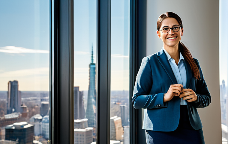 A professional adult, fully clothed in modest business casual attire, standing by a large window in a modern, sunlit office, gazing confidently at a vibrant city skyline. Their face reflects clear vision and serene contentment, without glasses or contact lenses. The scene emphasizes liberation and a new perspective. Professional photography, natural light, perfect anatomy, correct proportions, natural pose, well-formed hands, proper finger count, safe for work, appropriate content, fully clothed, family-friendly.