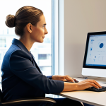 A professional adult, fully clothed in modest business attire, sitting comfortably at a modern ergonomic desk in a well-lit home office. They are gently looking away from a computer screen towards a distant object (at least 20 feet away) visible through a window, demonstrating the 20-20-20 rule for eye strain prevention. The screen displays a professional, generic document. The scene is well-composed with natural lighting, perfect anatomy, correct proportions, well-formed hands, proper finger count, and a natural pose. This image promotes appropriate content, safe for work, and is a family-friendly, high-quality professional photograph.