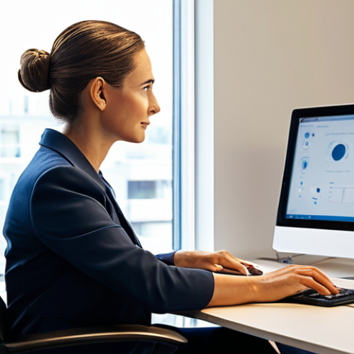 A professional adult, fully clothed in modest business attire, sitting comfortably at a modern ergonomic desk in a well-lit home office. They are gently looking away from a computer screen towards a distant object (at least 20 feet away) visible through a window, demonstrating the 20-20-20 rule for eye strain prevention. The screen displays a professional, generic document. The scene is well-composed with natural lighting, perfect anatomy, correct proportions, well-formed hands, proper finger count, and a natural pose. This image promotes appropriate content, safe for work, and is a family-friendly, high-quality professional photograph.