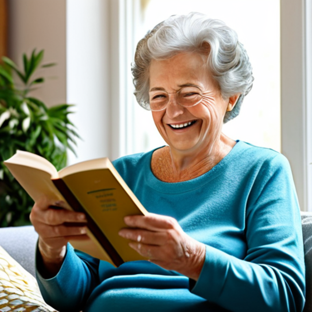 Cataract Surgery Success**

"A senior woman smiling, holding a book, in a brightly lit living room, fully clothed, wearing modest clothing. She is reading comfortably. Sunlight streams through the window. Background shows a cozy home interior with bookshelves and plants. Depict the scene with perfect anatomy, correct proportions, and a natural pose. The image should convey a sense of regained clarity and joy. Safe for work, appropriate content, professional, family-friendly, high quality."

**