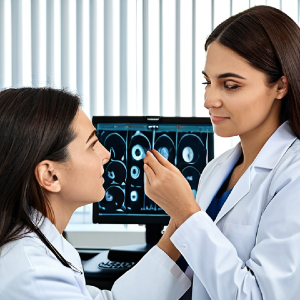 **

"A friendly female ophthalmologist in a clean, modern office setting, fully clothed in professional attire (lab coat over modest blouse and trousers), examining a patient's eye with a specialized instrument. Natural lighting, emphasis on doctor-patient communication, safe for work, appropriate content, perfect anatomy, well-formed hands, professional, family-friendly."

**