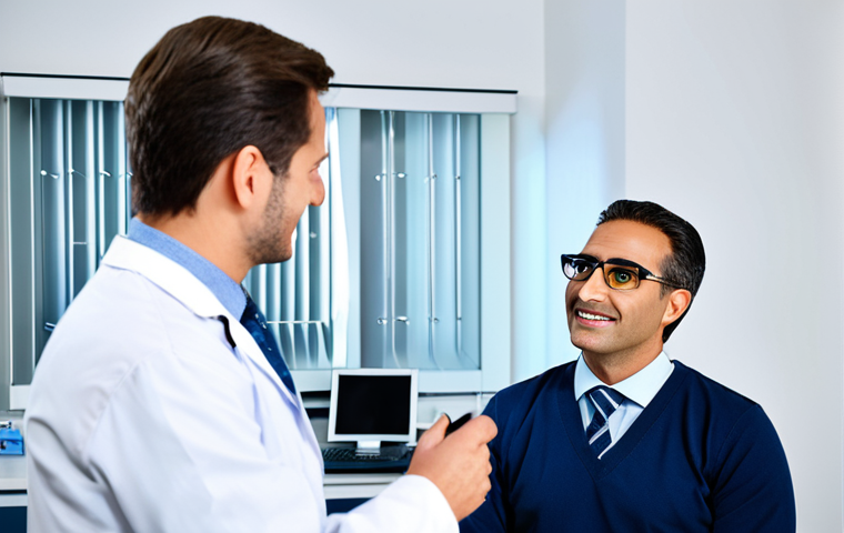 시력교정술 가격 비교 - Modern Eye Clinic Consultation**
"A friendly ophthalmologist in a clean, modern clinic, explaining ...