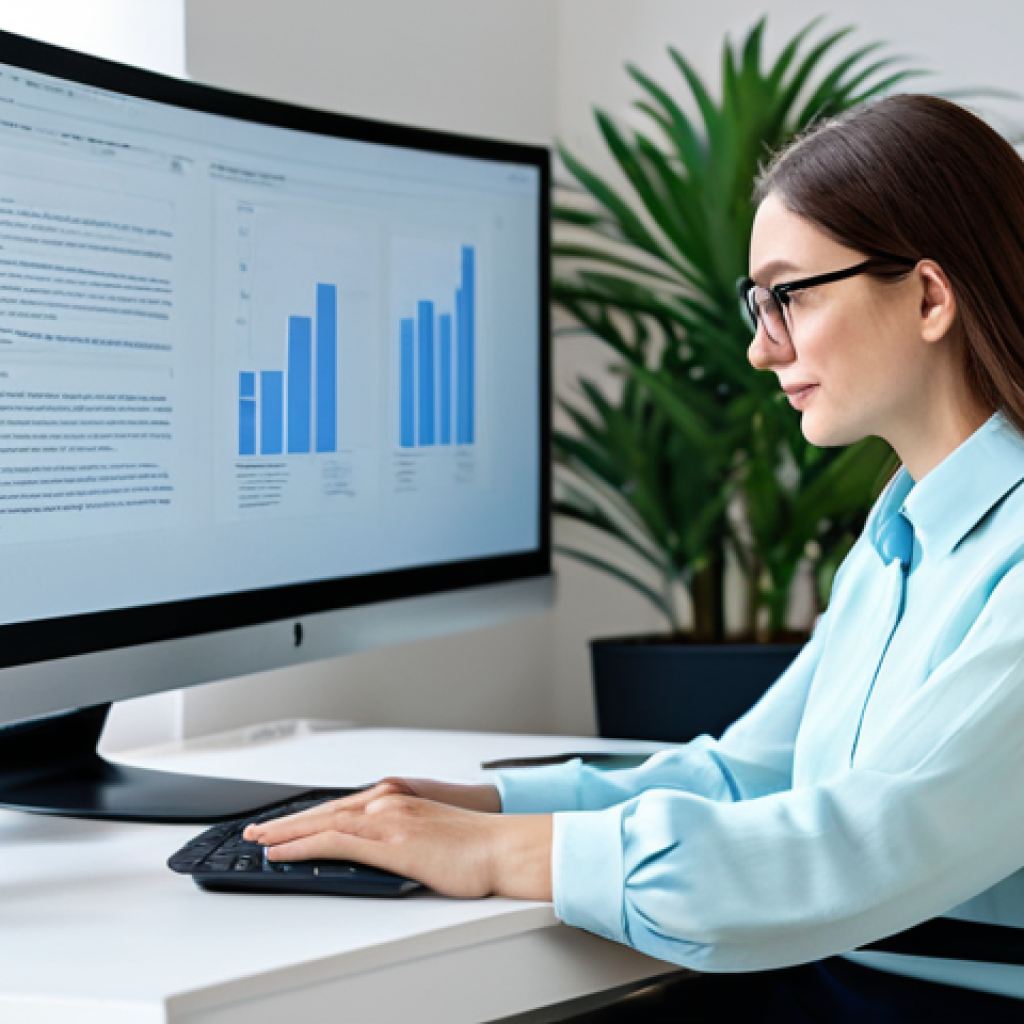 안구 통증 완화법 - The Ergonomic Workspace**

"A bright and airy home office setup, featuring a woman working at a comp...