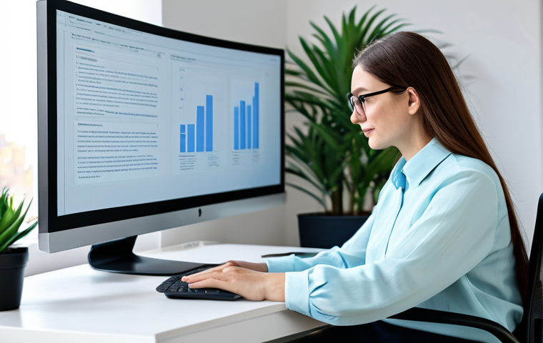 안구 통증 완화법 - The Ergonomic Workspace**
"A bright and airy home office setup, featuring a woman working at a comp...
