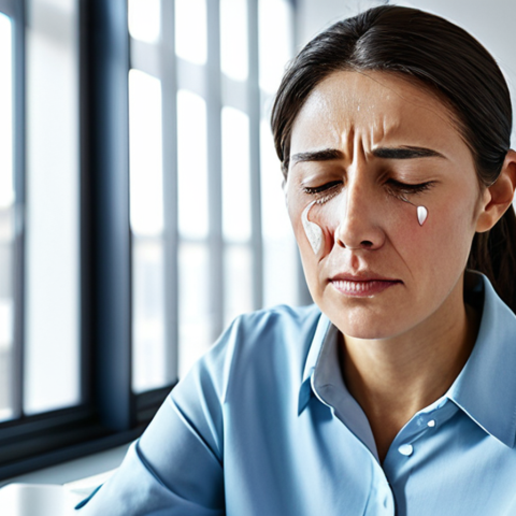눈물샘 막힘 자가 진단 - Dry Eye Relief**

"A woman with tired eyes applying artificial tears, sitting in a brightly lit offi...
