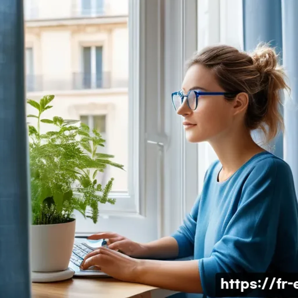 눈 건강을 위한 운동 - A serene modern home office scene in France with a young adult woman wearing comfortable casual clot...