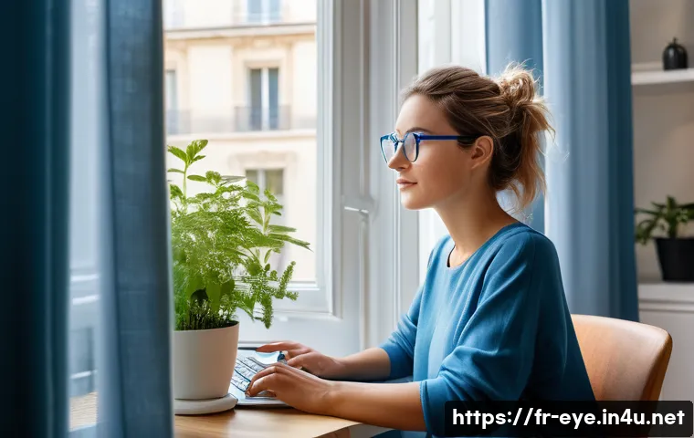 눈 건강을 위한 운동 - A serene modern home office scene in France with a young adult woman wearing comfortable casual clot...