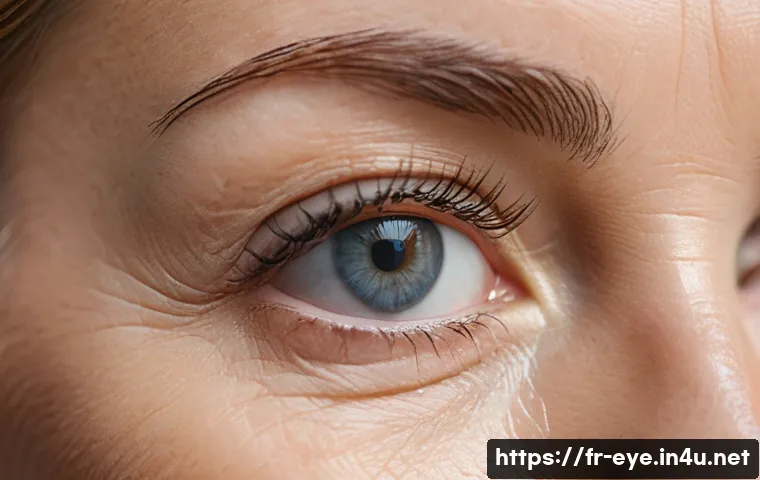 눈 성형 수술 트렌드 - A close-up portrait of a mature French woman with a natural and refreshed eye appearance after bleph...