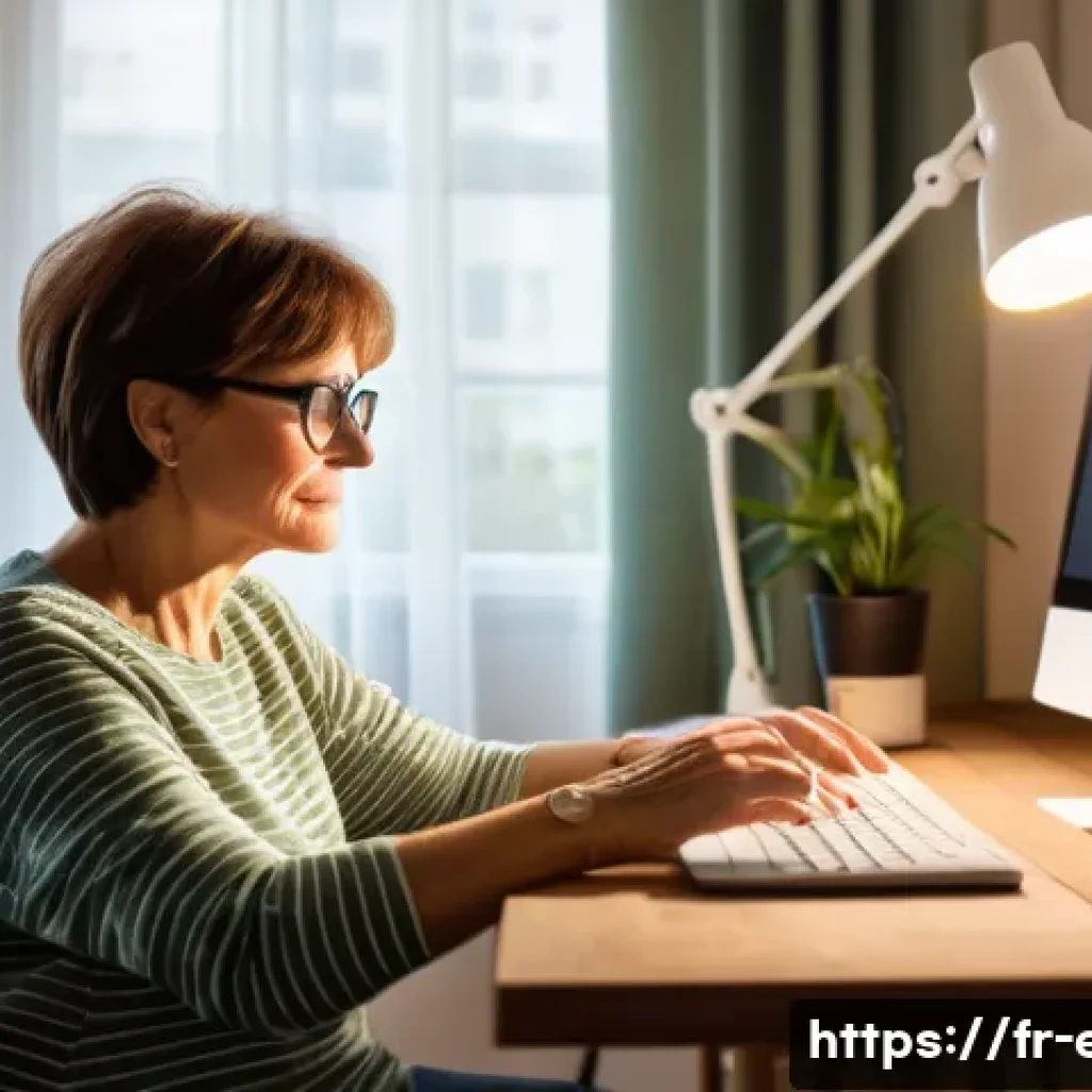안구 압력 관리법 - A cozy modern French home office scene featuring a middle-aged woman with short brown hair wearing c...