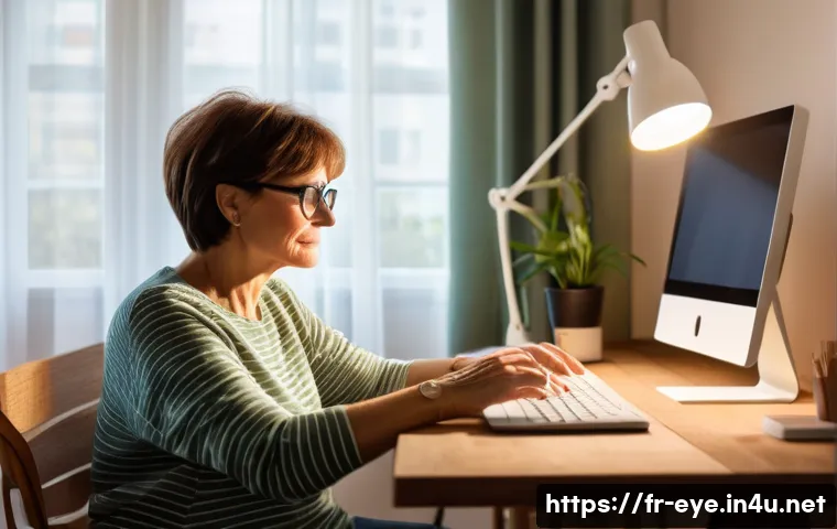 안구 압력 관리법 - A cozy modern French home office scene featuring a middle-aged woman with short brown hair wearing c...