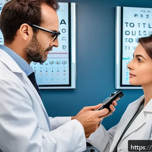 눈 건강 검진 가이드 - A detailed scene inside a modern optometrist&rsquo;s office in France, showing a middle-aged French patien...