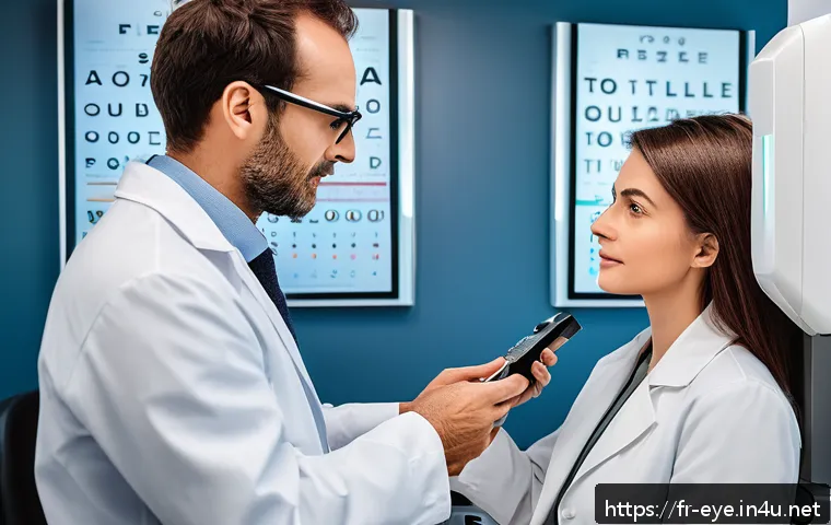 눈 건강 검진 가이드 - A detailed scene inside a modern optometrist&rsquo;s office in France, showing a middle-aged French patien...