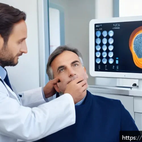 망막 검사 중요성 - A detailed medical clinic scene in Paris, France, showing a middle-aged French man undergoing retina...