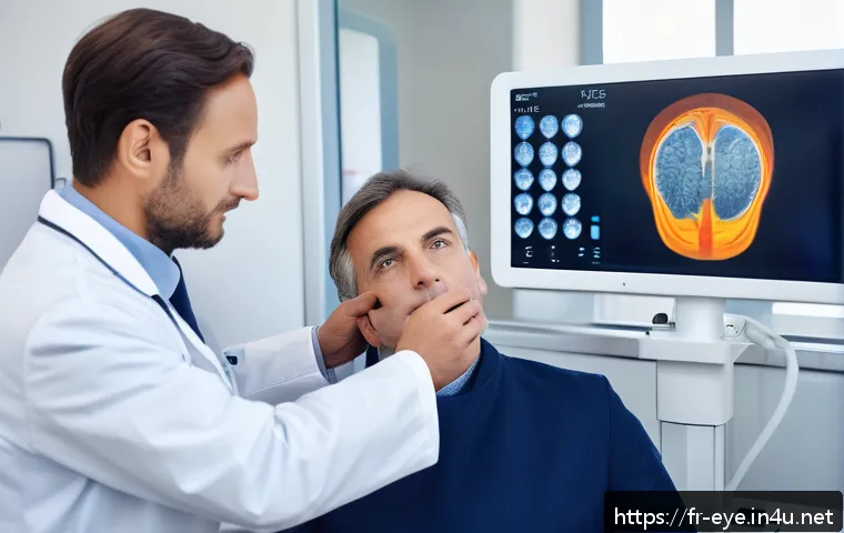 망막 검사 중요성 - A detailed medical clinic scene in Paris, France, showing a middle-aged French man undergoing retina...