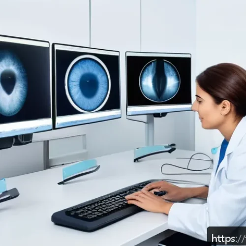 안구건조증 전문 병원 추천 - A modern ophthalmology clinic interior specializing in dry eye treatment, featuring advanced diagnos...