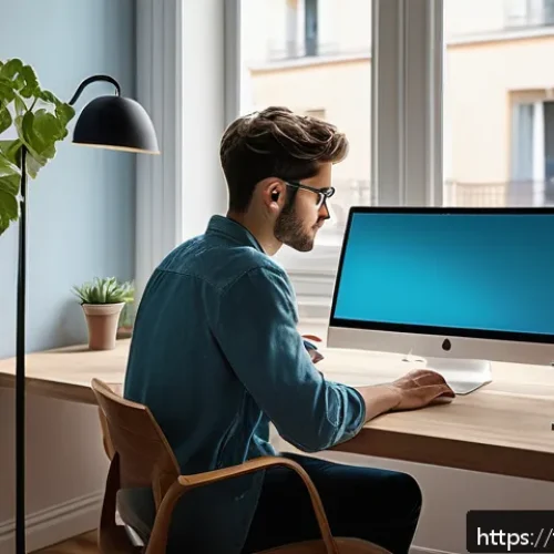 근시 원인과 예방법 - A modern home office scene with a young French professional working on a computer under soft, warm i...