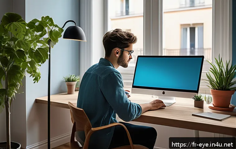 근시 원인과 예방법 - A modern home office scene with a young French professional working on a computer under soft, warm i...