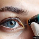 안과 초음파 진단 리뷰 - A high-resolution medical illustration showing the detailed process of ophthalmic ultrasound examina...