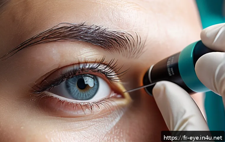안과 초음파 진단 리뷰 - A high-resolution medical illustration showing the detailed process of ophthalmic ultrasound examina...